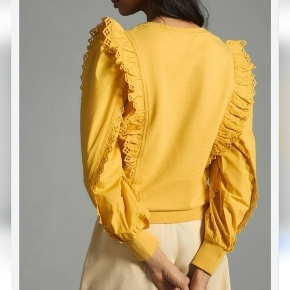 Anthropologie NEW Marigold Yellow Eyelet Ruffle Sleeve Sweatshirt SZ XL Cottage - Picture 4 of 14